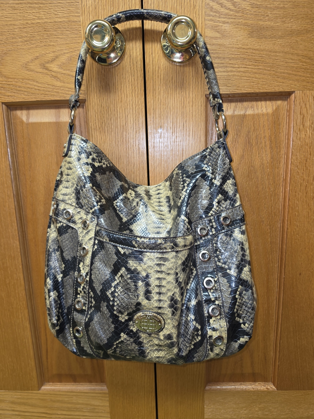 Snake-Print Dana Buchman Shoulder Bag in Black and Cream
